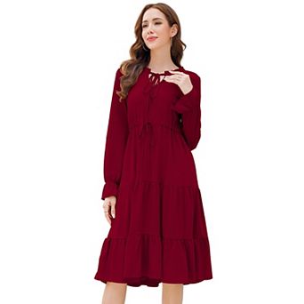 GlowSol Womens Tie Front Long Lantern Sleeve Crew Neck Midi Dress Flowy A-Line Tiered Clothes