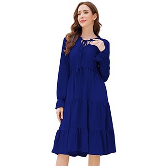 GlowSol Womens Tie Front Long Lantern Sleeve Crew Neck Midi Dress Flowy A-Line Tiered Clothes