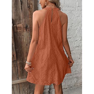 Women’s Solid Sleeveless Halter Neck Button Front Mini Dress Summer Casual Sundress