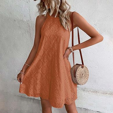Women’s Solid Sleeveless Halter Neck Button Front Mini Dress Summer Casual Sundress