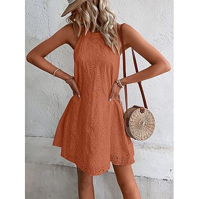 Women’s Solid Sleeveless Halter Neck Button Front Mini Dress Summer Casual Sundress