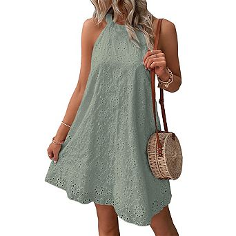 Women’s Solid Sleeveless Halter Neck Button Front Mini Dress Summer Casual Sundress