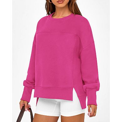 Women’s Crewneck Long Sleeve Split Hem Sweatshirt Loose Fit Casual Versatile Pullover Top