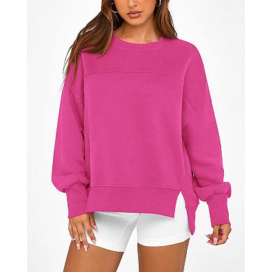 Women’s Crewneck Long Sleeve Split Hem Sweatshirt Loose Fit Casual Versatile Pullover Top
