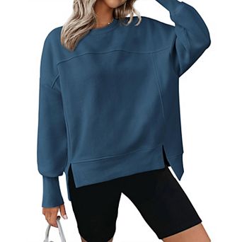 Women’s Crewneck Long Sleeve Split Hem Sweatshirt Loose Fit Casual Versatile Pullover Top