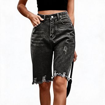 Women’s Distressed Denim Bermuda Shorts Frayed Hem Fashion Ripped Jean Shorts with Raw Edge