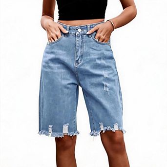 Women’s Distressed Denim Bermuda Shorts Frayed Hem Fashion Ripped Jean Shorts with Raw Edge