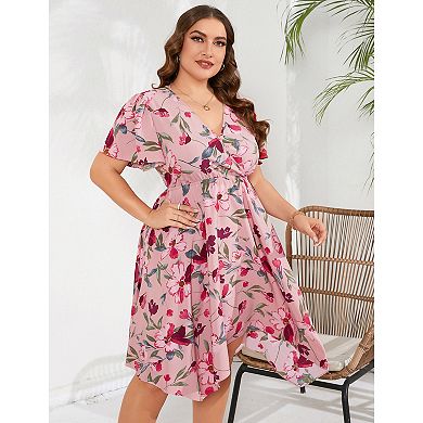 Plus Size Floral Asymmetrical Hem Midi Dress