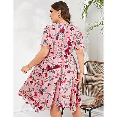 Plus Size Floral Asymmetrical Hem Midi Dress