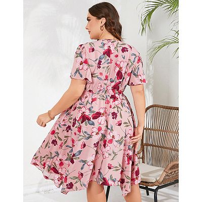floral short sleeve asymmetrical hem midi dress New Halogen Short Sleeve Asymmetrical Pink Floral Midi Dress Size 1X