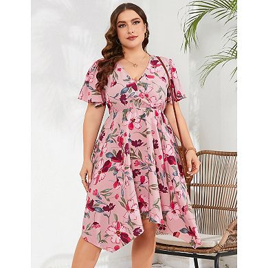 Plus Size Floral Asymmetrical Hem Midi Dress