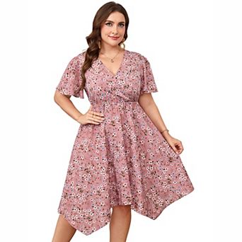 Plus Size Floral Asymmetrical Hem Midi Dress