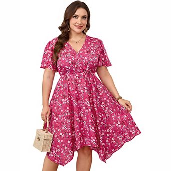 Plus Size Floral Asymmetrical Hem Midi Dress