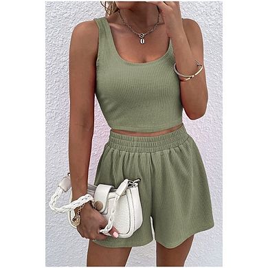 Women's 2-piece Summer Matching Set, Sleeveless Crop Top with High Waist Shorts