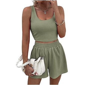 Women's 2 pc Summer Matching Set, Sleeveless Crop Top with High Waist Shorts
