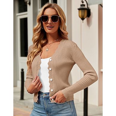 Women's Long Sleeve Cardigan V-Neck Button Down Lightweight Knit Cardigan Basic Sweater