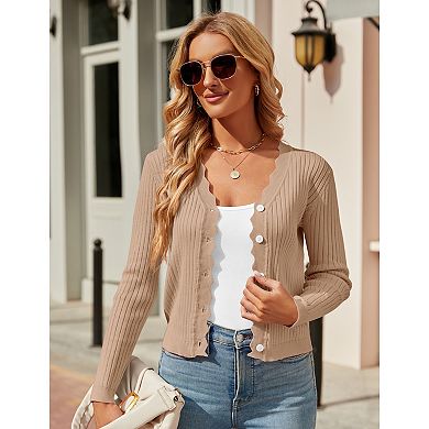Women's Long Sleeve Cardigan V-Neck Button Down Lightweight Knit Cardigan Basic Sweater