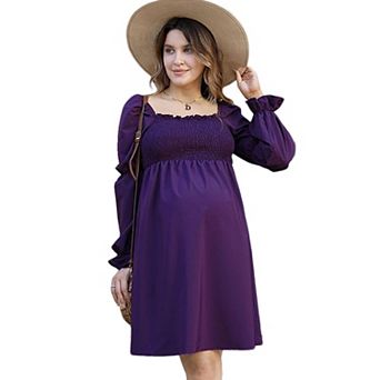 GlowSol Womens Maternity Square Neck Lantern Long Sleeve Flowy Mini Dress