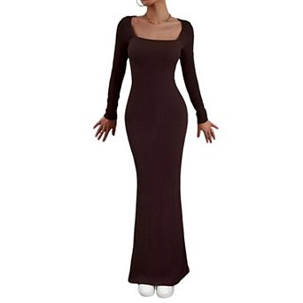 GlowSol Womens Square Neck Long Sleeve Knit Slim Maxi Evening Party Dress