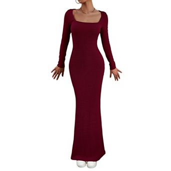 GlowSol Womens Square Neck Long Sleeve Knit Slim Maxi Evening Party Dress