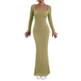 GlowSol Womens Square Neck Long Sleeve Knit Slim Maxi Evening Party Dress