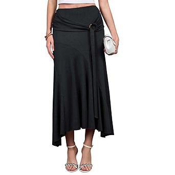 Women's High Waist Asymmetric Wrap Midi Skirt, Black A-Line Casual Daily Skirt