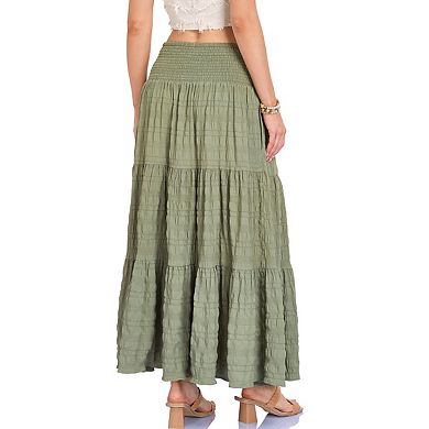Women's Solid Tiered Maxi Skirt, High Waist A-line Boho Flowy Long Skirt with Pockets