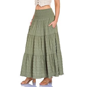Women's Solid Tiered Maxi Skirt, High Waist A-line Boho Flowy Long Skirt with Pockets
