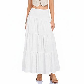 Women's Solid Tiered Maxi Skirt, High Waist A-line Boho Flowy Long Skirt with Pockets