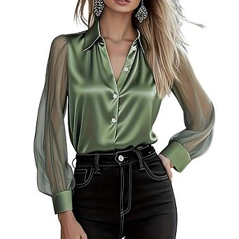 Women's Satin Mesh Long Sleeve Blouse, Button Down Dressy Shirt for Work Casual