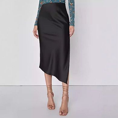 Women's Asymmetrical Satin Midi Skirt, Elastic Waist Side Slit High-Low Skirt