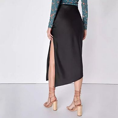 Women's Asymmetrical Satin Midi Skirt, Elastic Waist Side Slit High-Low Skirt
