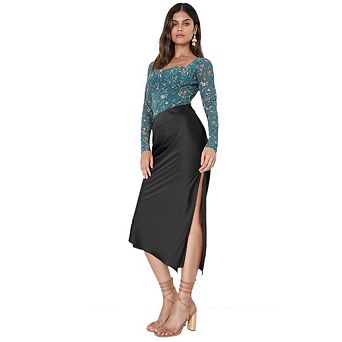Women's Asymmetrical Satin Midi Skirt, Elastic Waist Side Slit High-Low Skirt