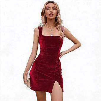 Women's Summer Bodycon Mini Dress Sleeveless Square Neck Side Split Party Club Dresses with Zipper