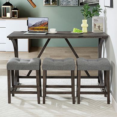 Bar Table Set With Integrated Power Outlet And Three Stools For Home