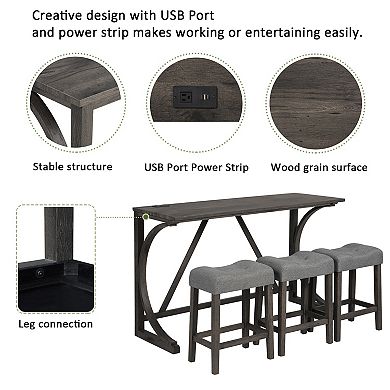 Bar Table Set With Integrated Power Outlet And Three Stools For Home