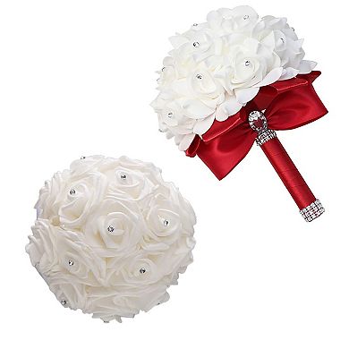 Wedding Bridal Bouquet Crystal Silk Roses Artificial Flowers