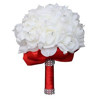 Wedding Bridal Bouquet Crystal Silk Roses Artificial Flowers