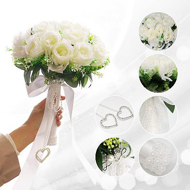 Wedding Bouquet Bride Artificial Rose Silk Ribbon Rhinestone