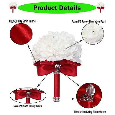 Wedding Bouquet Artificial Roses Crystal Ribbons Bride Hand Toss