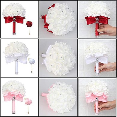 Wedding Bouquet Artificial Roses Crystal Ribbons Bride Hand Toss