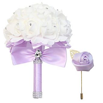 Wedding Bouquet Artificial Roses Crystal Ribbons Bride Hand Toss