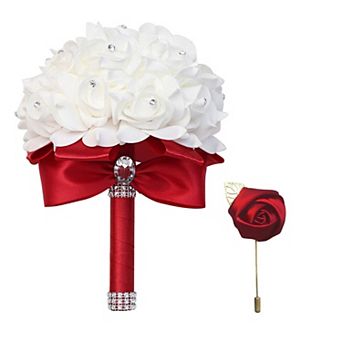 Wedding Bouquet Artificial Roses Crystal Ribbons Bride Hand Toss