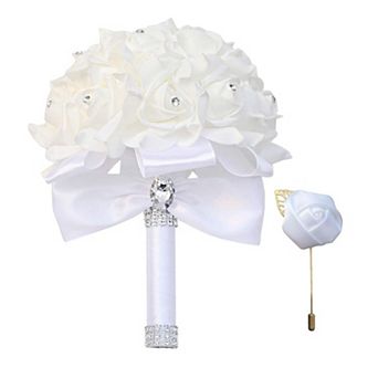 Wedding Bouquet Artificial Roses Crystal Ribbons Bride Hand Toss