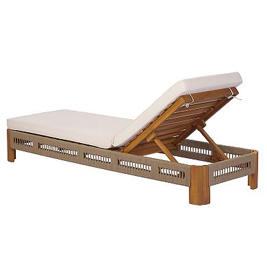 Acacia Wood Outdoor Chaise Lounge with Cushion and Adjustable Backrest for Poolside