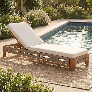 Acacia Wood Outdoor Chaise Lounge with Cushion and Adjustable Backrest for Poolside