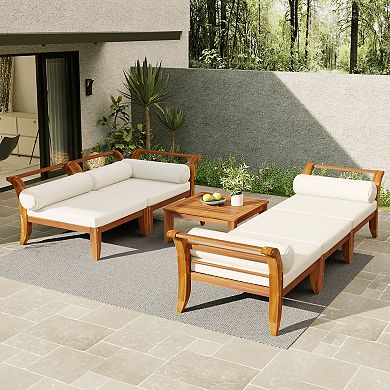 Acacia Wood L Shaped Outdoor Sofa Set Modular Conversation Set with Daybed Ottoman