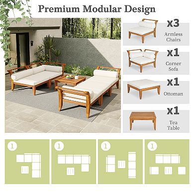Acacia Wood L Shaped Outdoor Sofa Set Modular Conversation Set with Daybed Ottoman