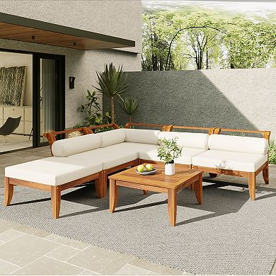 Acacia Wood L Shaped Outdoor Sofa Set Modular Conversation Set with Daybed Ottoman