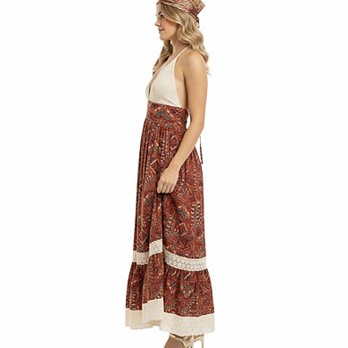 Artyska Women’s Halter Neck Printed Maxi Dress with Lace Bodice & Tiered Hem